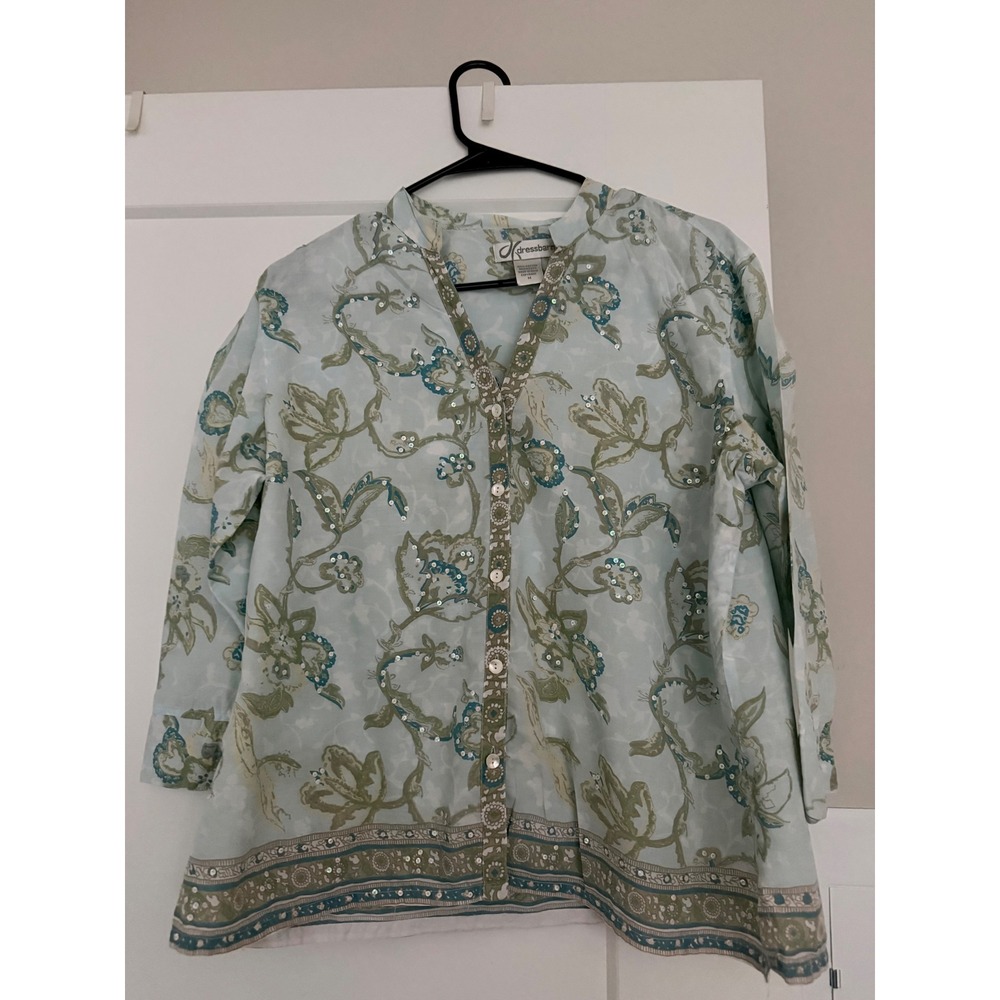 Dressbarn Blue Floral Cotton Sequin Blouse 3/4 Sleeve Button Front Top Medium
